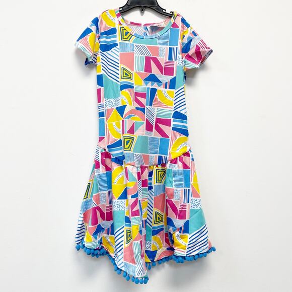 Dot Dot Smile Girls Geometric Print Flapper Dress Pom-Pom Trim Size 8/10 - Picture 1 of 4